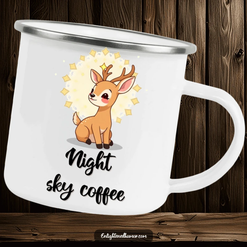 Funny kawaii deer camping mug with a gentle deer gazing upwards at a swirling mandala of stars, perfect for outdoor magic.