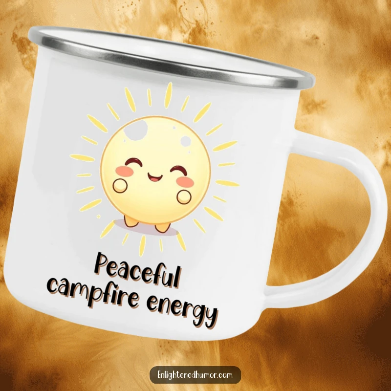 Funny happy glowing orb character on a camping mug, radiating peaceful energy outwards, durable and humorous outdoor drinkware.