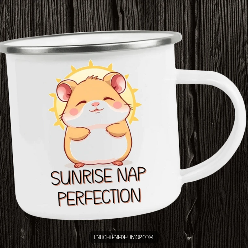 Funny Hamster Camping Mug featuring a contented character blissfully enjoying a sunbeam, perfect for outdoor relaxation.