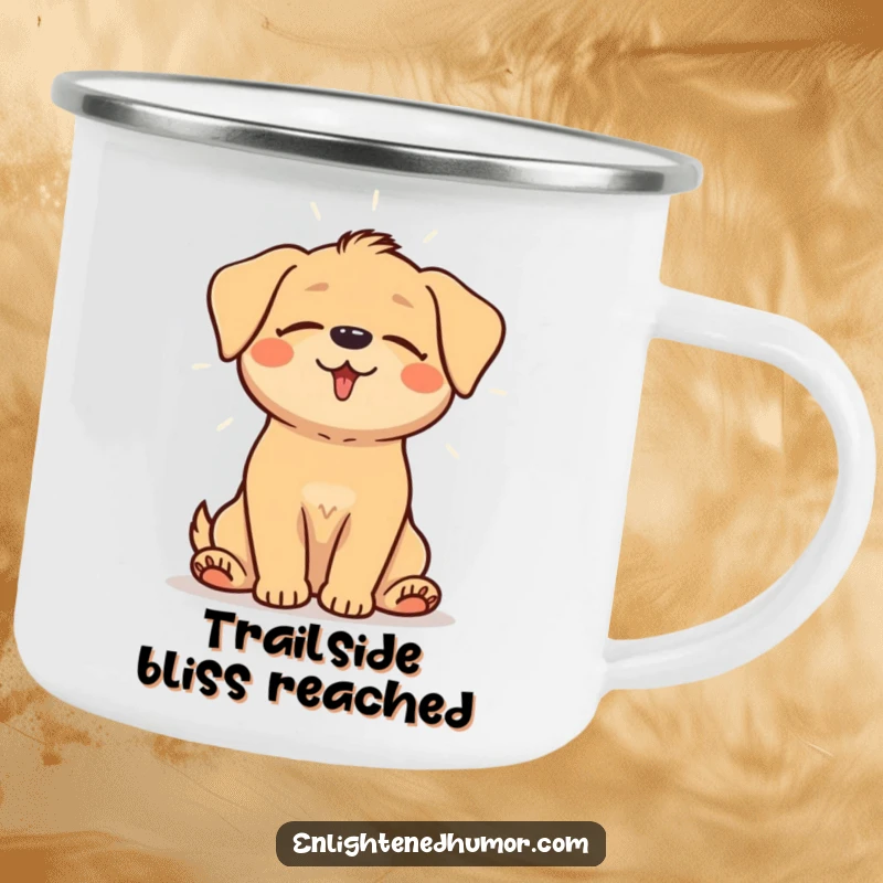 Funny camping mug featuring a happy dog sitting peacefully with eyes closed, emitting a gentle aura of light for outdoor calm.