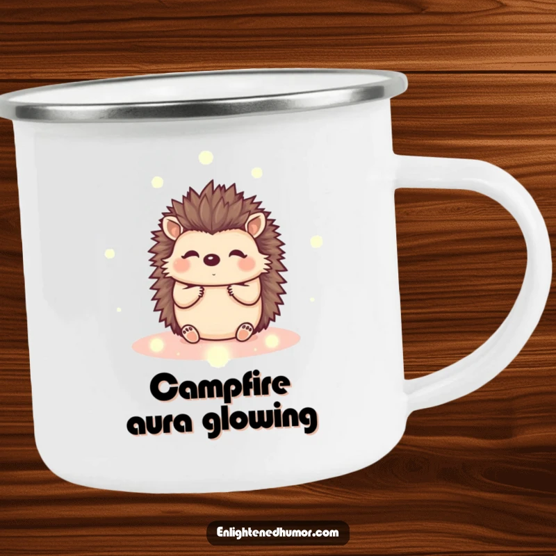 Funny kawaii hedgehog camping mug with a cute creature and peaceful energy orbs, perfect for outdoor enthusiasts.