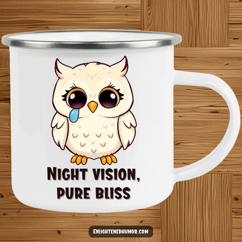 Funny kawaii owl enlightenment camping mug, a wise owl with enlightened eyes shedding a tear of joy, great for thoughtful camping.