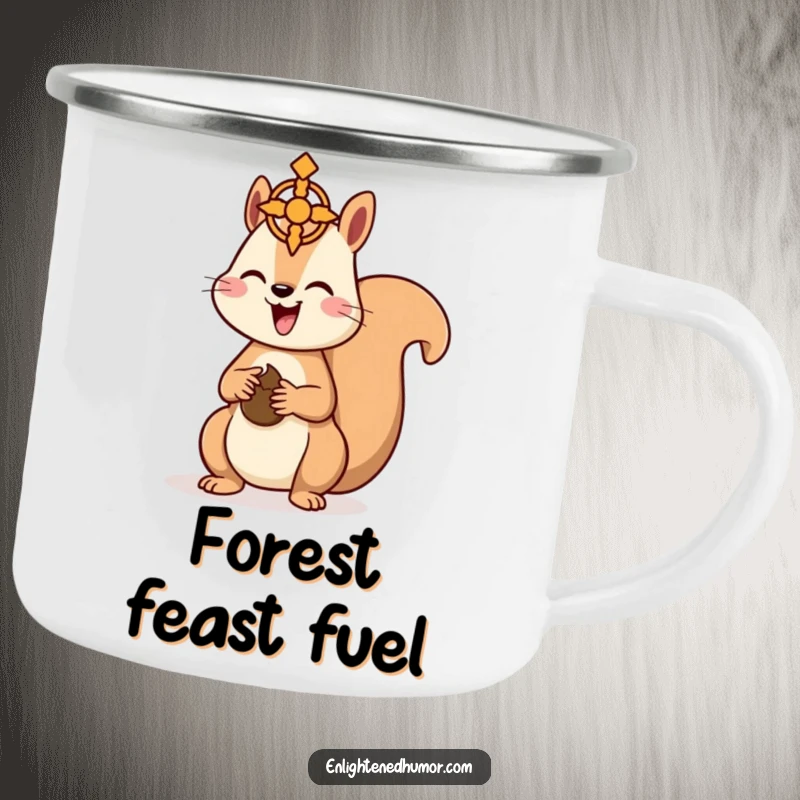 Funny Kawaii Squirrel Camping Mug: Cute squirrel offering a nut to a spiritual symbol, perfect for humorous outdoor enjoyment. A great funny gift.