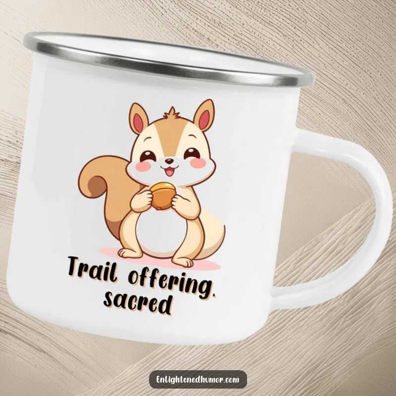 Funny kawaii squirrel spirit camping mug, a happy squirrel offering a nut to a floating spiritual symbol, great for mindful camping.
