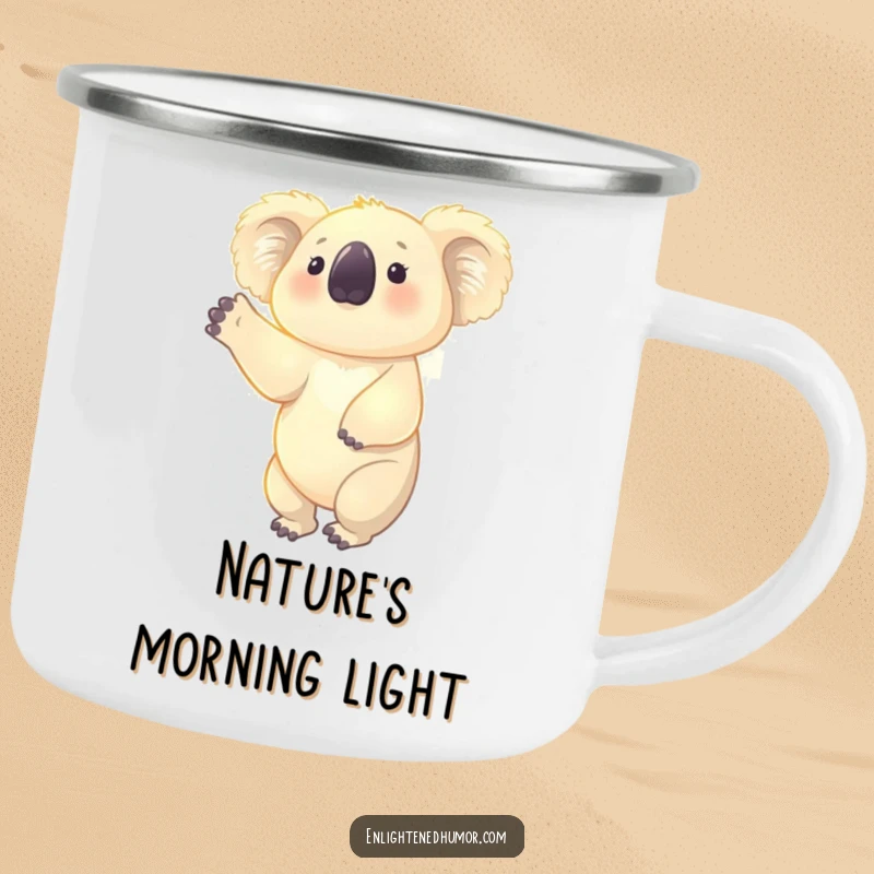 Funny camping mug featuring a glowing koala reaching upwards with a faint aura, bringing peace and aspiration to outdoor beverages.