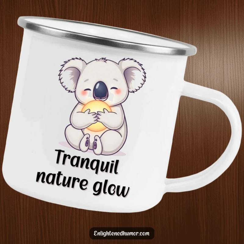 Funny camping mug featuring a serene koala embracing a radiant orb, ideal for peaceful outdoor drinks.