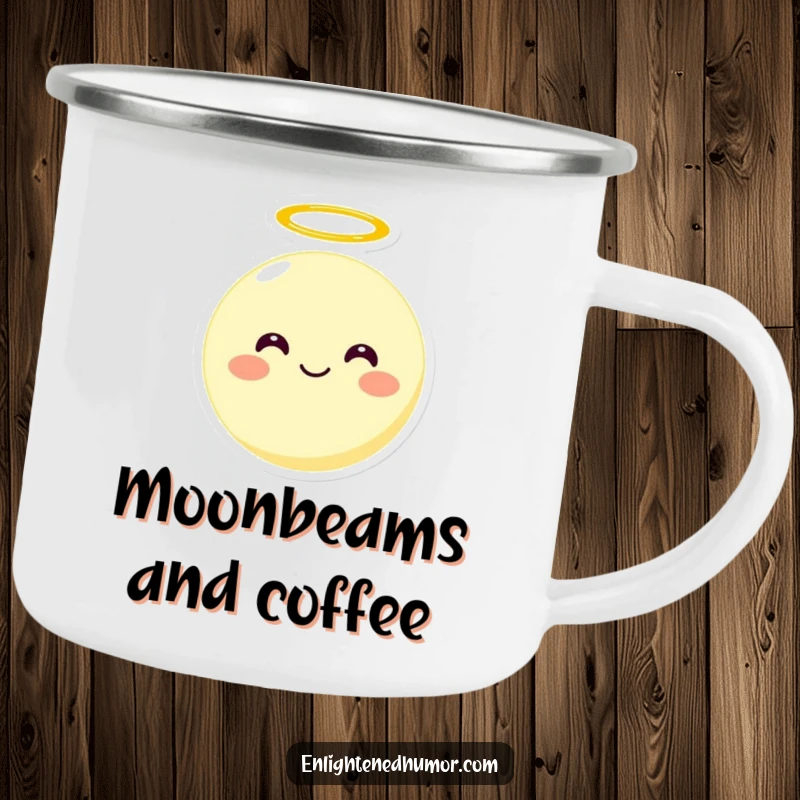Funny smiling round moon character with a halo on a camping mug, floating upwards, durable and humorous outdoor drinkware.