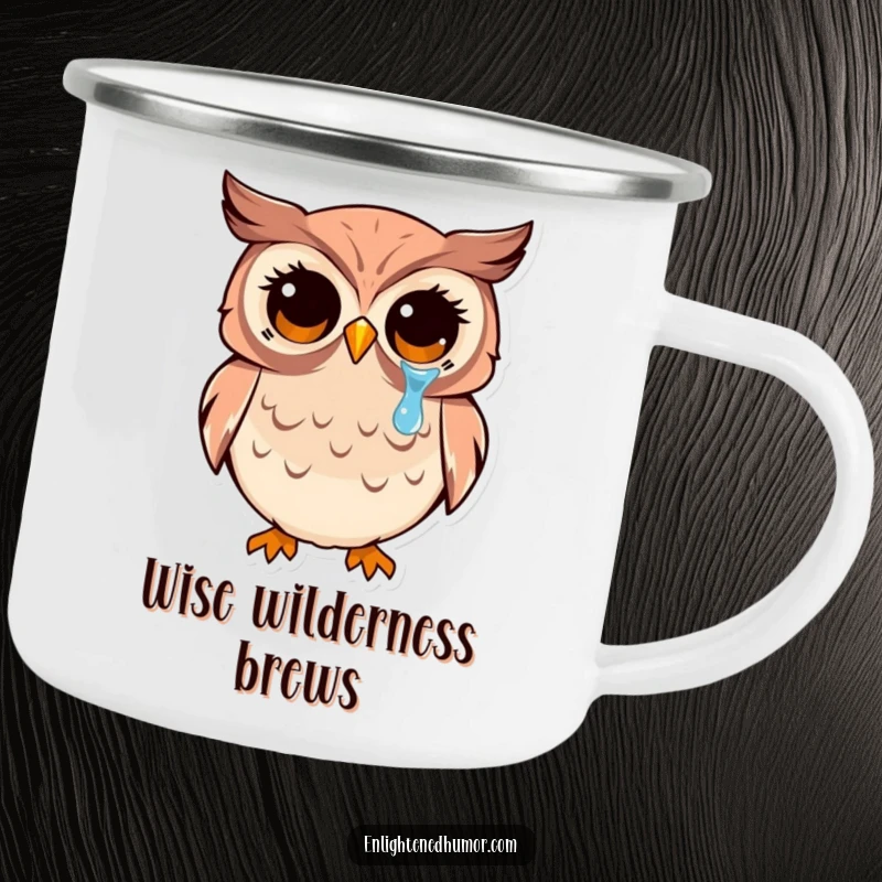 Funny kawaii owl camping mug with wide, enlightened eyes shedding a tear of joy, perfect for outdoor use and gifting.
