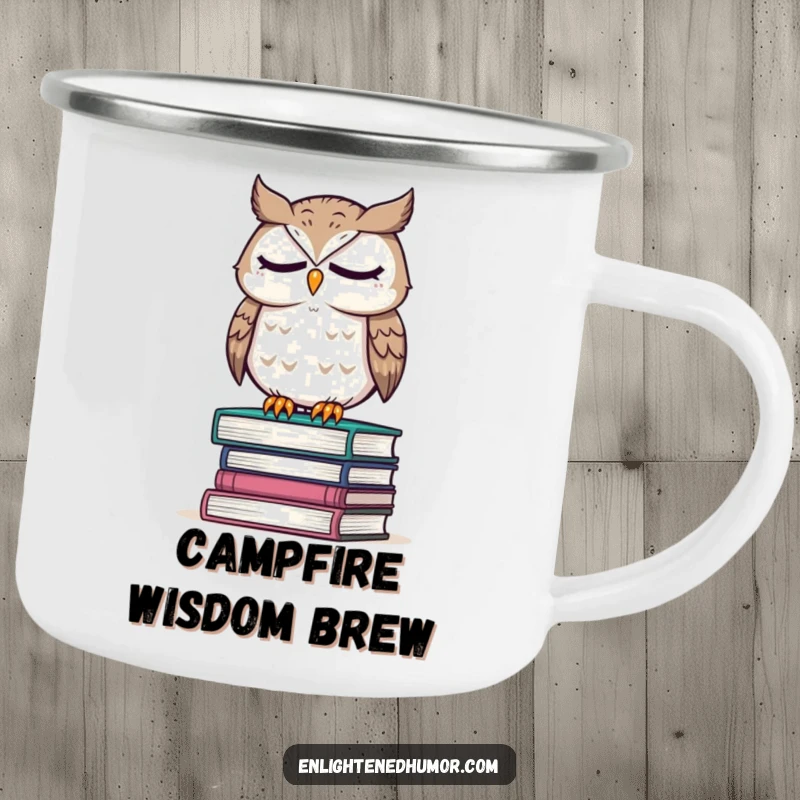Funny camping mug featuring a wise owl perched on a stack of books, eyes closed in thought, built for intellectual outdoor enjoyment.