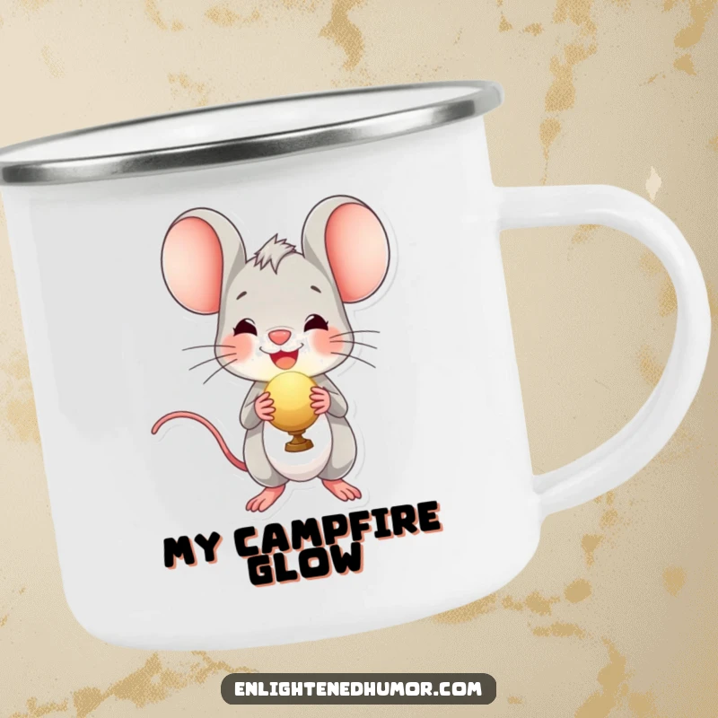 Funny enamel camping mug featuring a cheerful mouse character holding a radiant orb, perfect for delightful outdoor beverages.