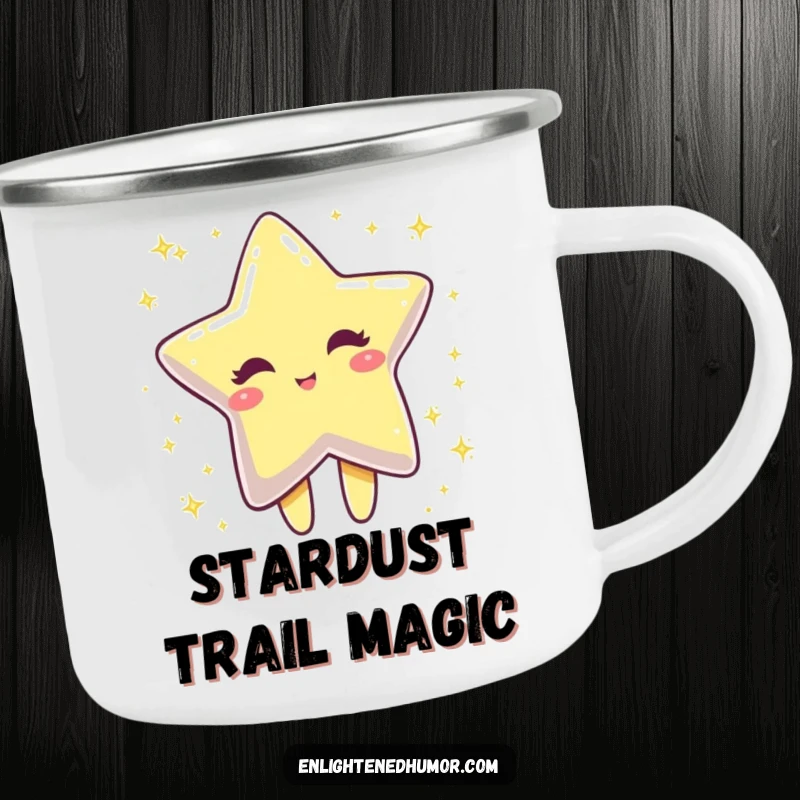 Funny winking star character on a camping mug, dissolving into sparkling dust, durable and humorous outdoor drinkware.