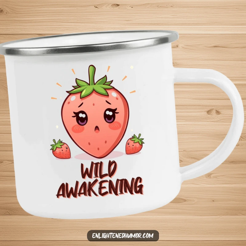 Funny Strawberry Enlightenment Camping Mug showing a surprised strawberry with wide eyes, having a sudden, humorous moment of clarity.