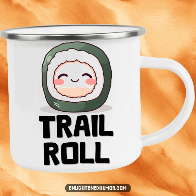 Funny Sushi Zen Camping Mug with a perky sushi roll achieving inner peace and a gentle smile, ideal for outdoor humor.