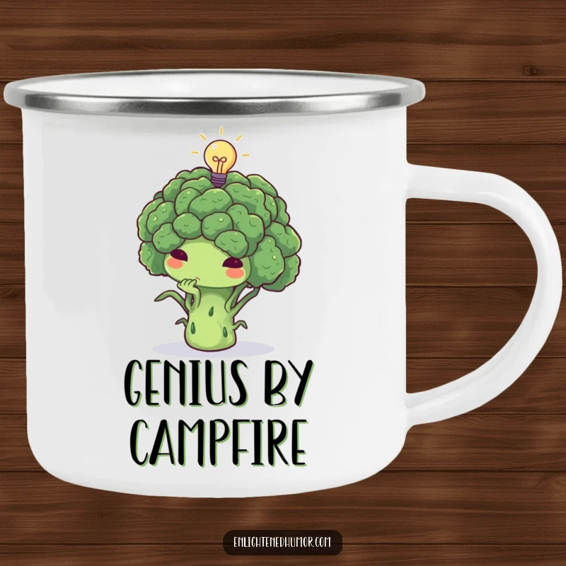 Funny broccoli camping mug, thoughtful, deep in thought, tiny lightbulb above, outdoor brainstorming.