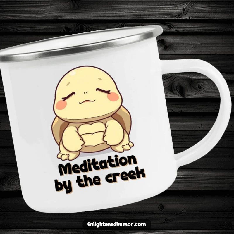 Funny camping mug with a tortoise meditating peacefully, eyes closed, ready for quiet contemplation by the campfire.