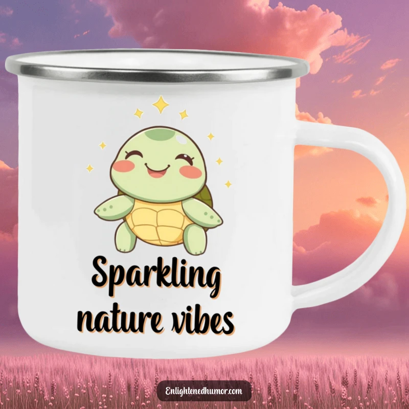 Funny Turtle Camping Mug: Joyful turtle with a peaceful halo of sparks, ideal for enjoying drinks outdoors.