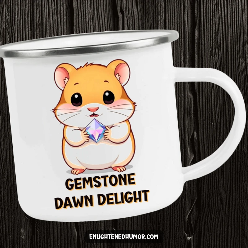 Funny camping mug featuring a curious hamster holding a tiny, radiant gem, built for adventure and carrying a sparkle of joy.