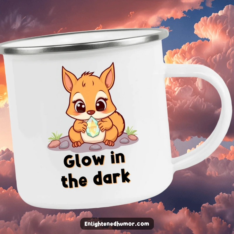 Funny Squirrel Camping Mug: Surprised squirrel with wide eyes discovering a glowing crystal, perfect for outdoor drinks.