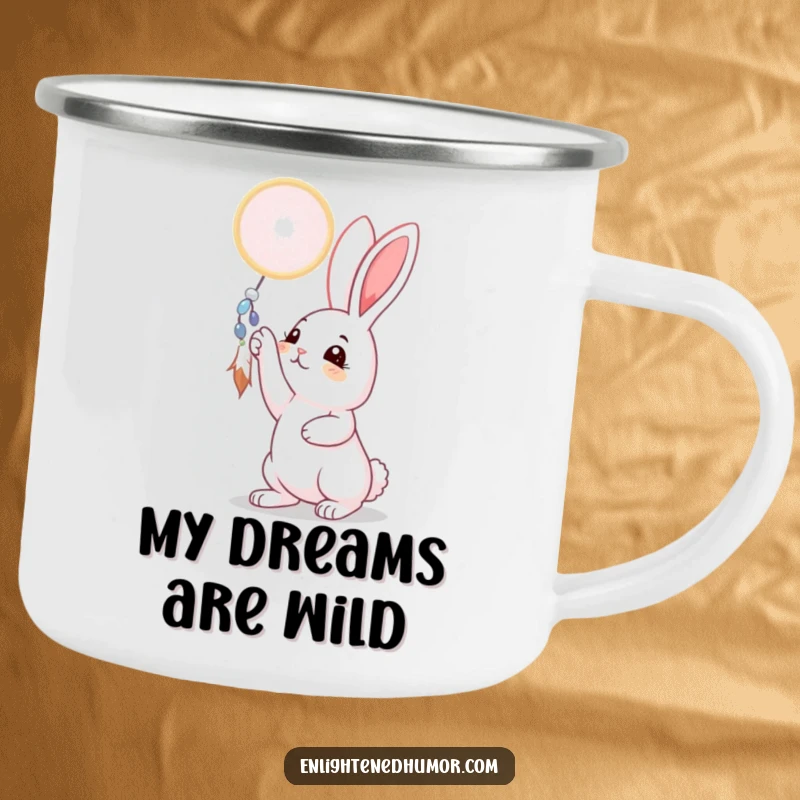 Funny rabbit camping mug with a curious bunny reaching for a dreamcatcher, perfect for outdoor adventures and dreamers, a durable and funny gift.