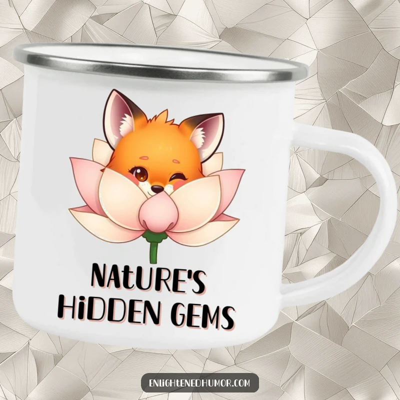Funny fox camping mug with a curious fox peeking from behind a shimmering lotus flower, perfect for enjoying nature with a touch of humor.