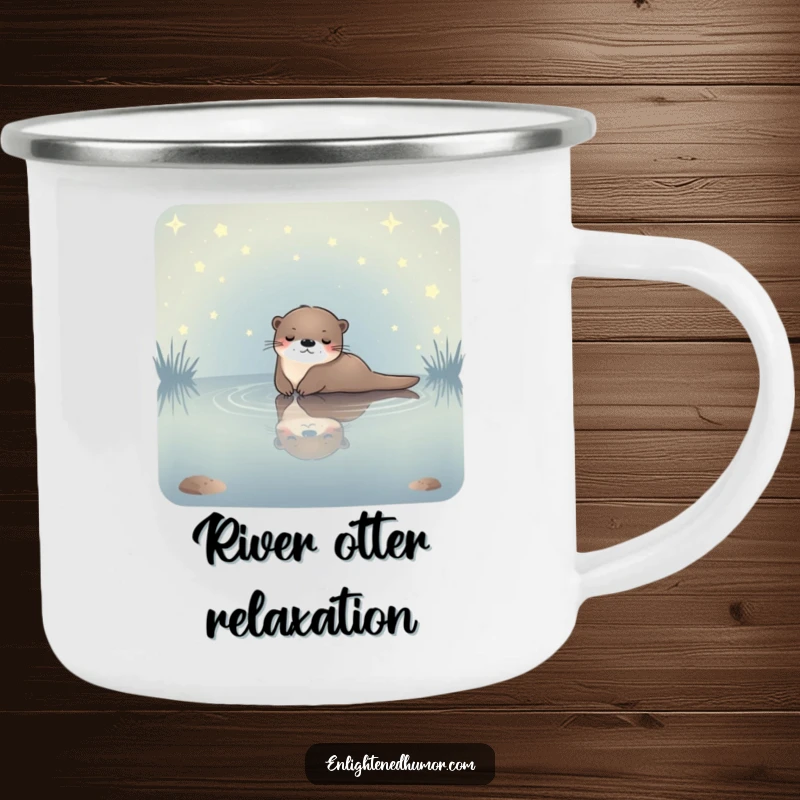 Funny celestial otter camping mug featuring a serene otter floating in a starlit pond, perfect for enjoying drinks under the night sky.