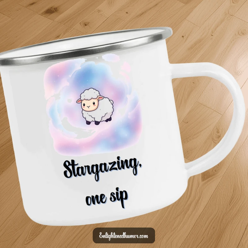 Funny camping mug with a serene sheep floating among nebulae, designed for cosmic humor on outdoor trips.