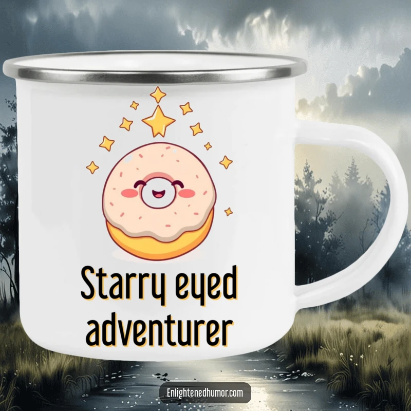 Funny donut camping mug, giggling, reaching higher consciousness, surrounded by stars, outdoor adventure gift.