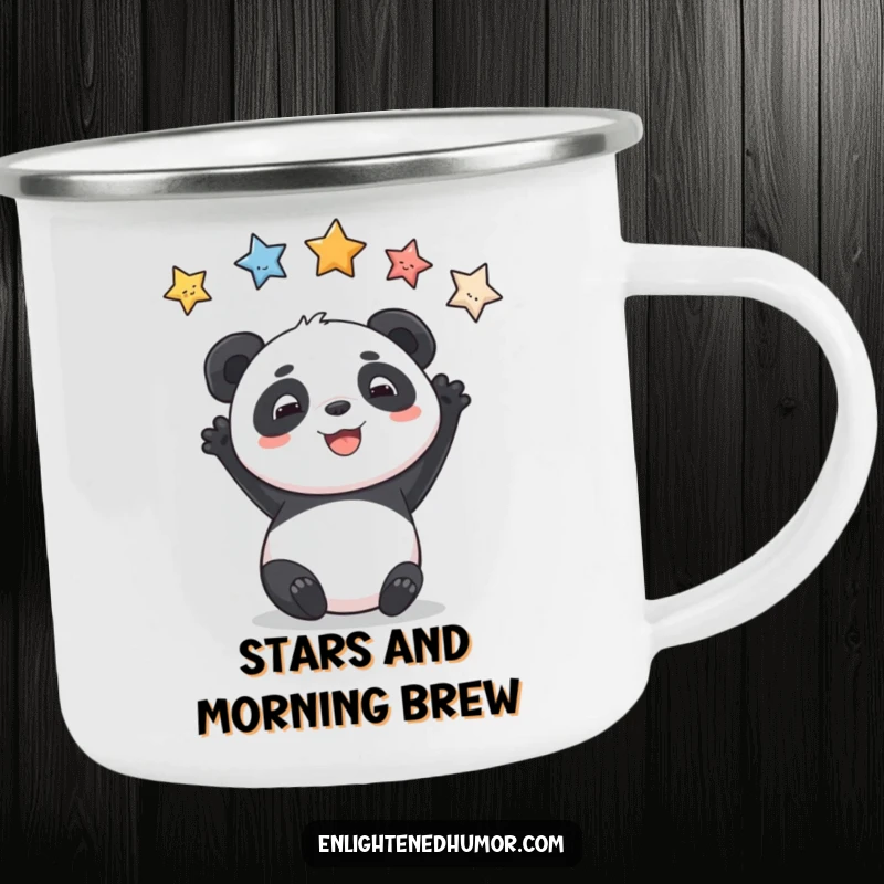 Funny camping mug featuring a grinning panda reaching for stars, ideal for outdoor inspiration.