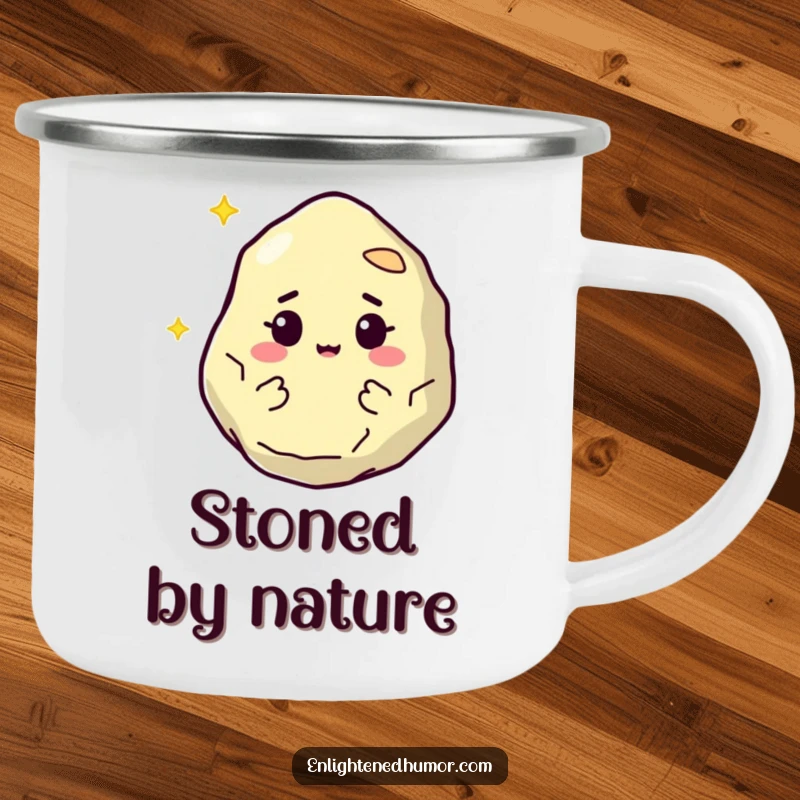 Funny camping mug with a wise, floating philosopher stone character with a knowing twinkle, ideal for outdoor contemplation and beverages.