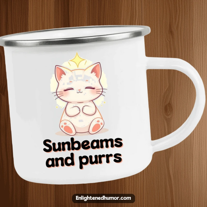 Funny celestial cat camping mug featuring an enlightened cat basking in ethereal light, perfect for peaceful outdoor moments.