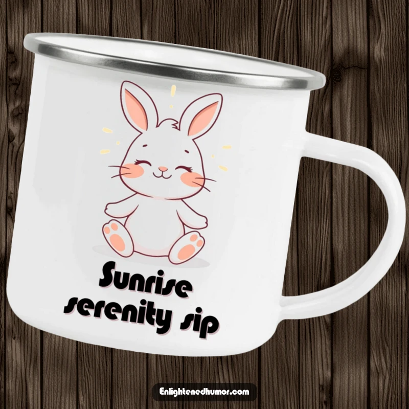 Funny rabbit camping mug with a smiling rabbit meditating peacefully, surrounded by a gentle halo of light, perfect for outdoor zen.