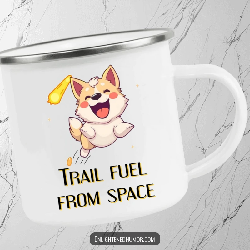 Funny celestial dog camping mug, showing an ecstatic dog joyfully barking while chasing a comet under the stars.