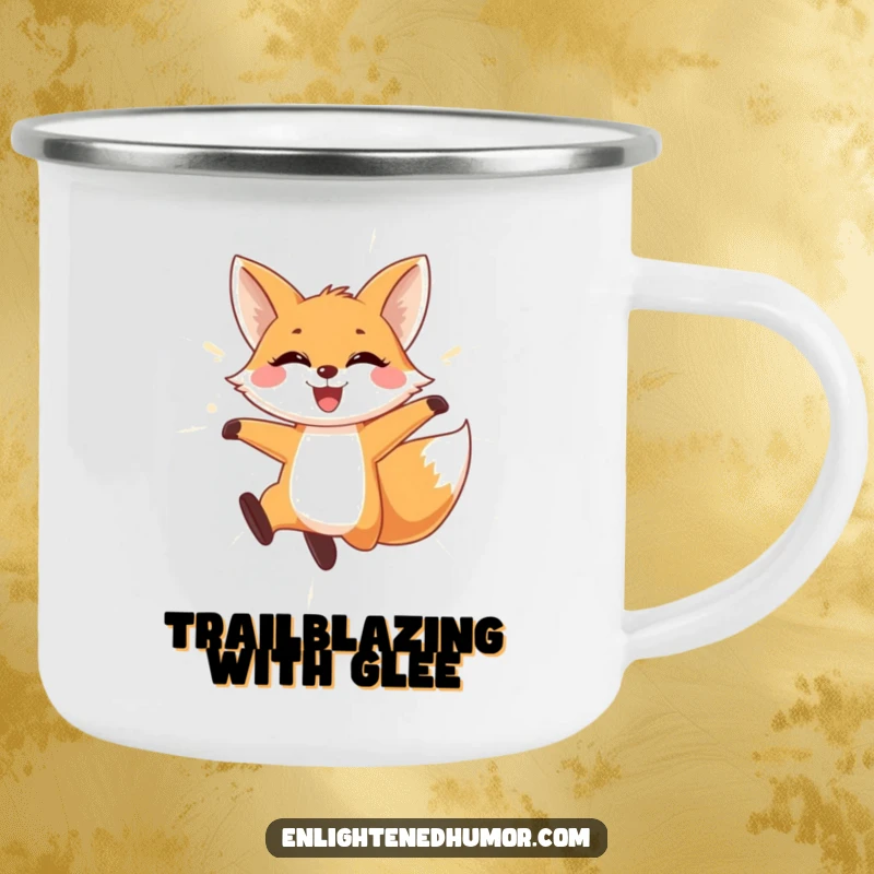 Funny Fox Camping Mug: Playful fox leaping through shimmering light with a wide smile, perfect for outdoor drinks.