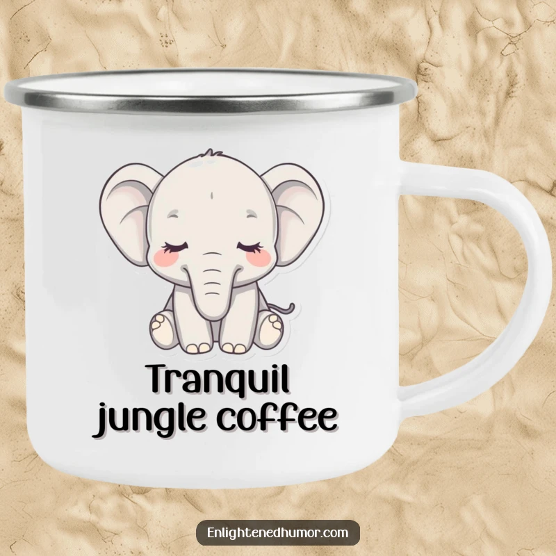 Funny camping mug with a serene elephant, eyes closed, trunk curled, ready for quiet contemplation by the campfire.
