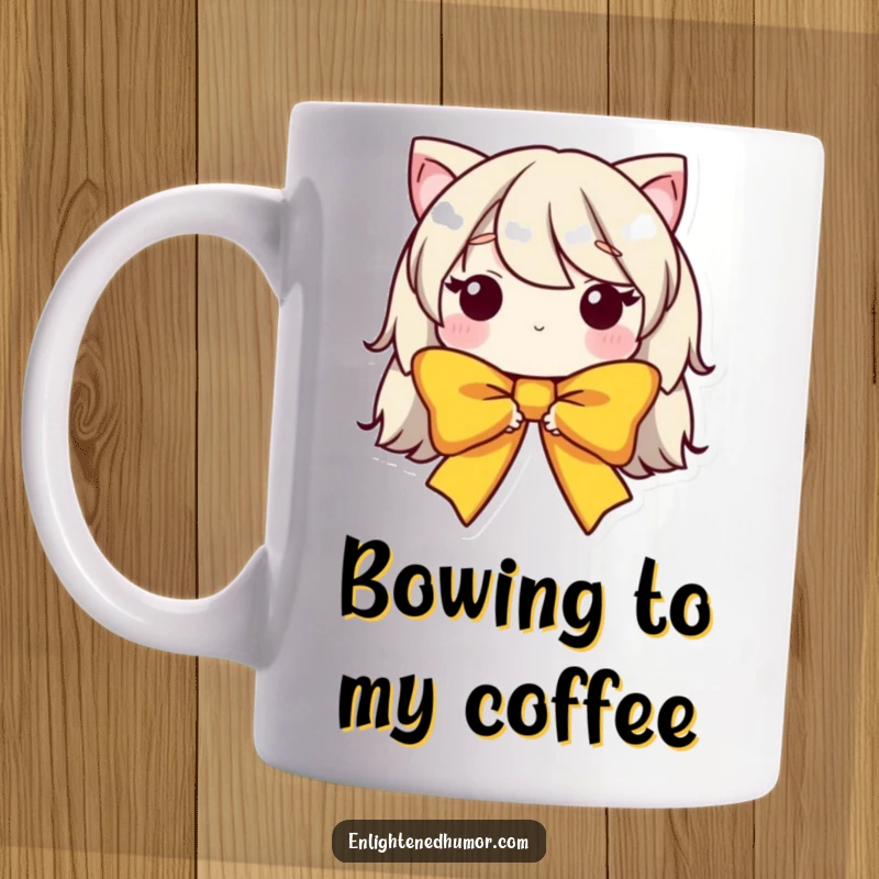 Funny bow character mug, a humble figure in a graceful, bowed form, symbolizing politeness and good manners. A unique gift.