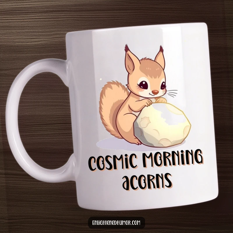 Funny celestial squirrel mug showing a curious squirrel gazing at a smooth, glowing stone, evoking cosmic wonder and playful mystery.