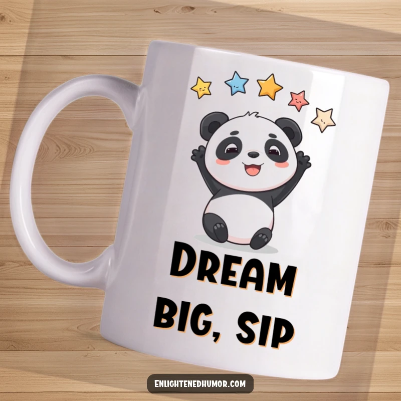 Funny panda mug showing a playful panda grinning while reaching for ascending stars, inspiring ambition.