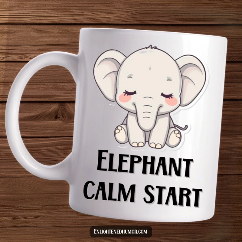 Funny mug featuring a serene elephant with eyes closed, trunk gently curled, embodying peace and gentle humor.