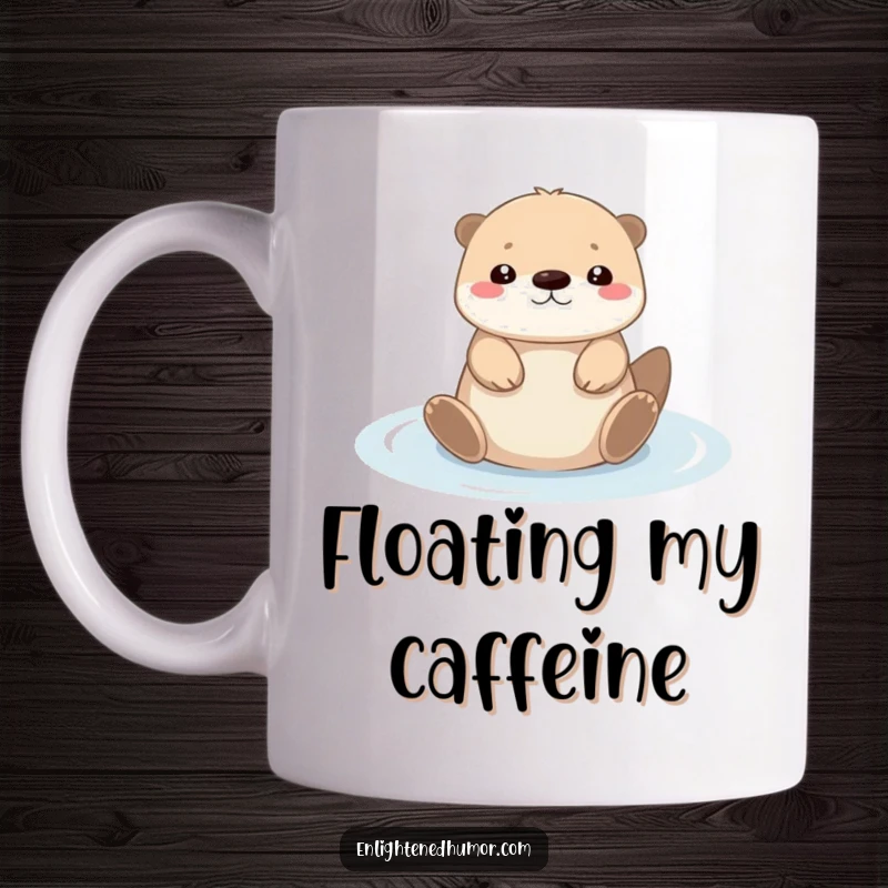 Funny tiny kawaii otter mug, serenely floating on its back in a puddle of light, radiating peace and happiness.