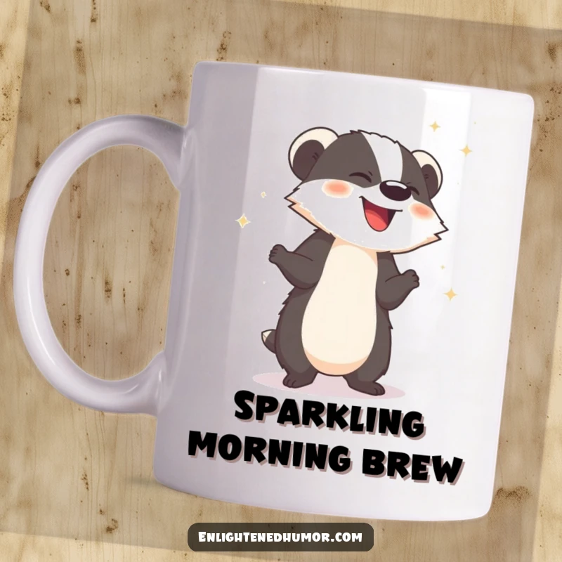 Funny badger mug showing a giggling badger releasing sparkling dust, symbolizing joy and magic.