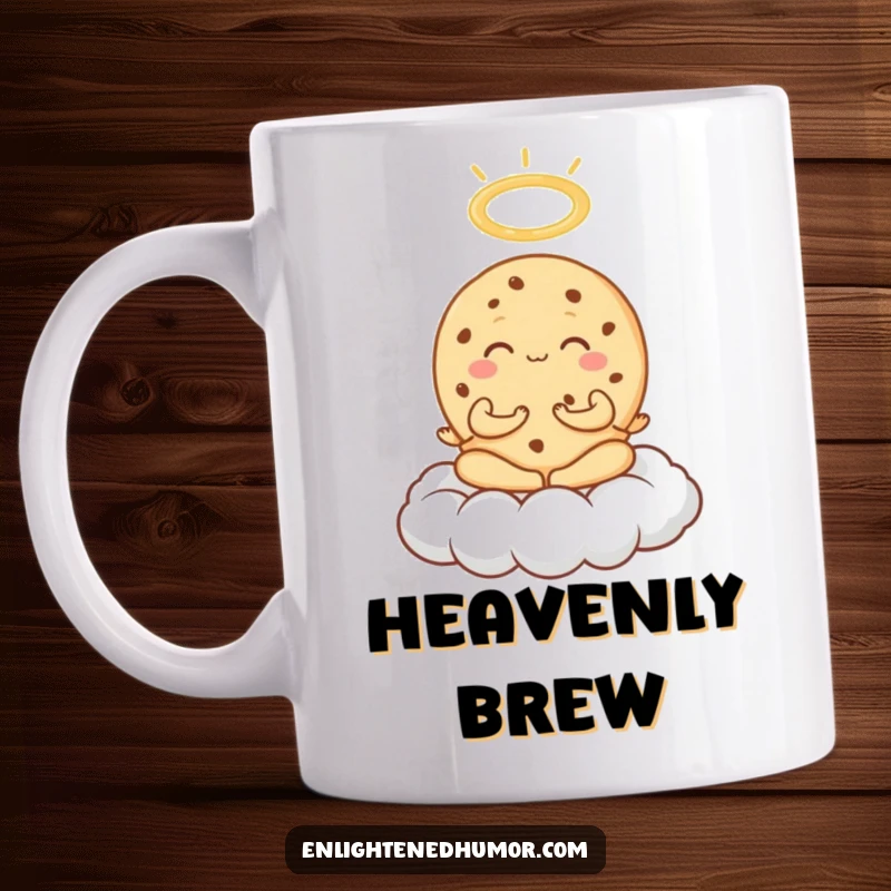 Funny Cookie Meditation Mug showing an exuberant cookie meditating on a cloud, a halo appearing above, radiating sweet bliss.
