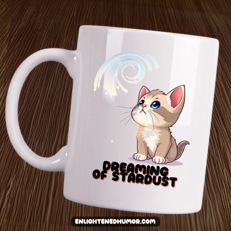 Funny mug featuring a curious kitten gazing intently upwards at mesmerizing, swirling, luminous celestial patterns.