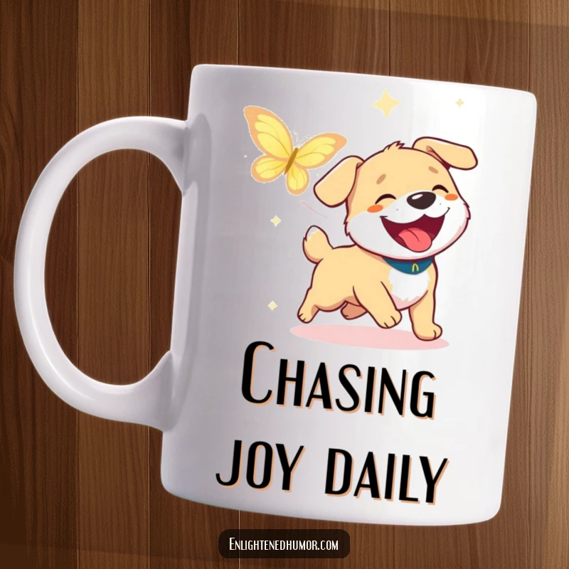 Funny Dog Enlightenment Mug: Happy dog chases a shimmering butterfly of enlightenment with pure joy. Ideal funny gift.