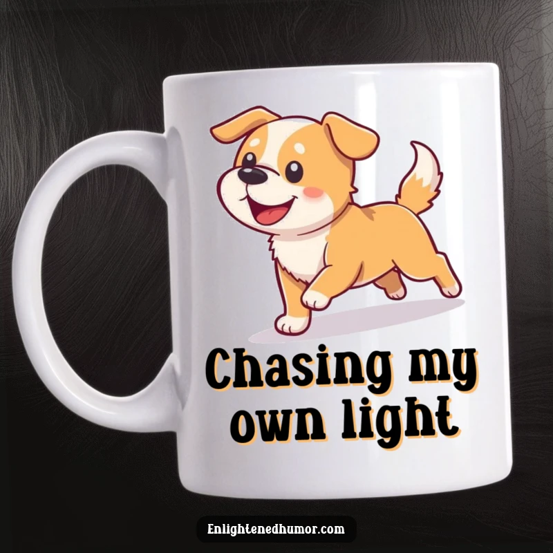 Funny dog mug showing a happy canine enthusiastically chasing its shadow, which morphs into radiant light, symbolizing joy.
