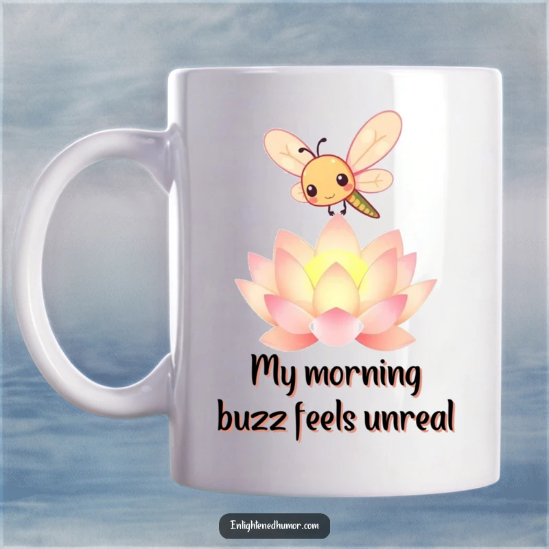 Funny kawaii dragonfly mug with a cute insect hovering over a glowing lotus flower, bringing peaceful vibes and nature charm.