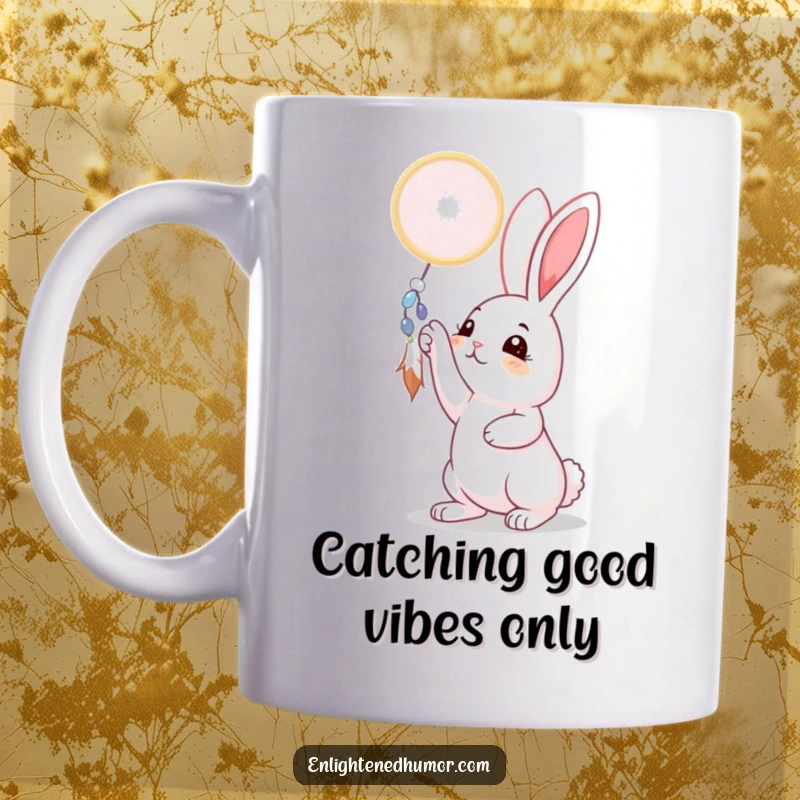 Funny rabbit mug with a curious expression reaching for a shimmering dreamcatcher, symbolizing hope and sweet dreams, a delightful cute animal gift.