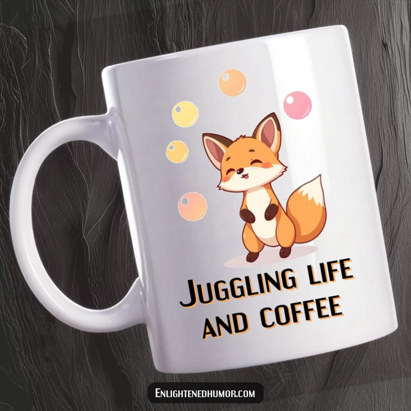 Funny mug featuring a playful fox expertly juggling three tiny, glowing orbs, conveying magical and humorous skill.