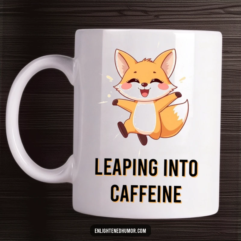 Funny Fox Mug: A playful fox leaps through shimmering light, smiling widely. Energetic and cheerful design.