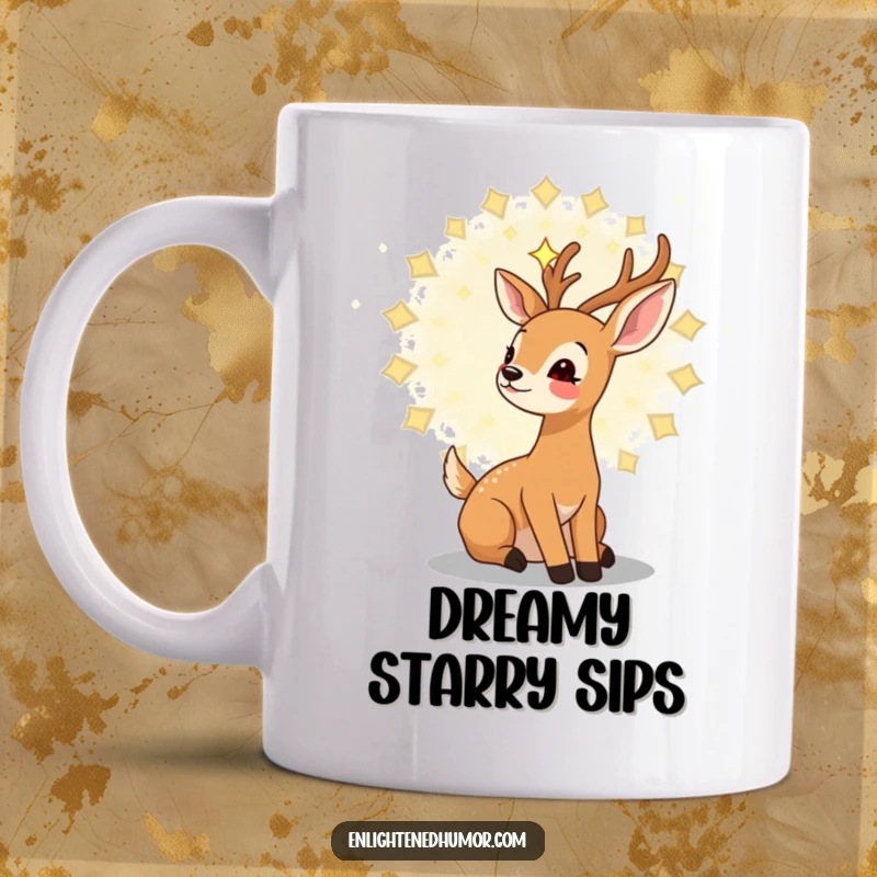 Funny gentle kawaii deer mug with a cute deer gazing upwards at a swirling, magical mandala of stars, full of awe.