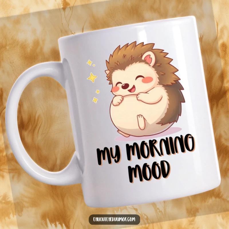 Funny Hedgehog Mug, a giggling character rolls into a sparkling ball, radiating pure joy and cuteness, perfect gift for animal lovers.